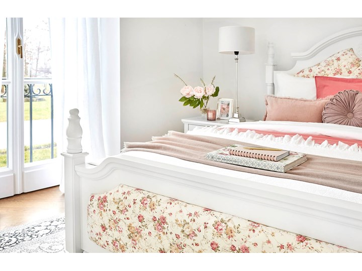 Białe łóżko 160x200 Rose, tapicerowane, wzór w drobne kwiaty Łóżko tapicerowane Tkanina Łóżko pikowane Drewno Zagłówek Z zagłówkiem