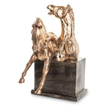 KONIE figurka dwa konie złote na brązowym podstawku, 31x17x22 cm