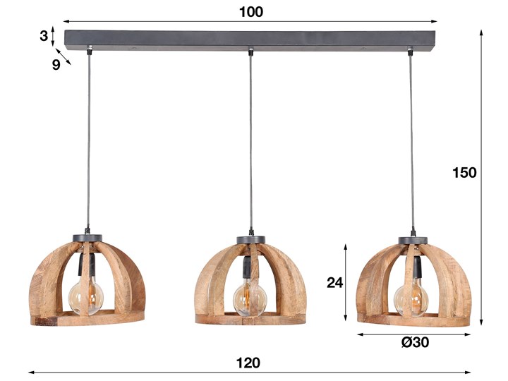 Lampa wisząca Bars 3xØ30 cm mango Metal Drewno Kategoria Lampy wiszące