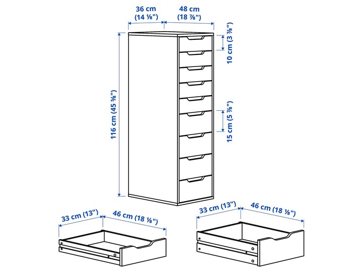 IKEA ALEX Komoda, 9 szuflad, Biały, 36x116 cm Płyta MDF Szerokość 36 cm Kategoria Komody