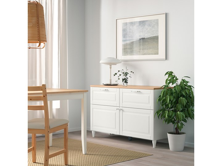 IKEA BESTÅ Kombinacja regałowa z drzw/szuf, Biały/Smeviken/Kabbarp biały, 120x42x76 cm Drewno Głębokość 42 cm Kategoria Komody Szerokość 120 cm Płyta MDF Kolor Beżowy