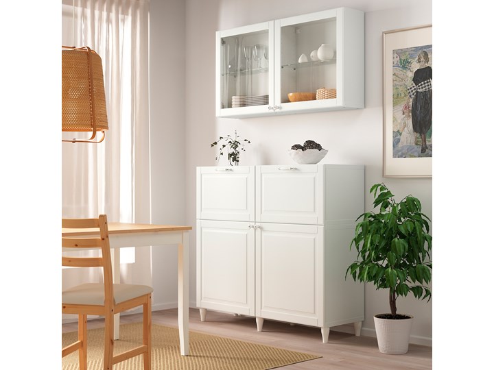 IKEA BESTÅ Kombinacja regałowa z drzw/szuf, Biały Smeviken/Ostvik/Kabbarp białe szkło przezroczyste, 120x42x213 cm Kolor Przezroczysty Kategoria Zestawy mebli do sypialni