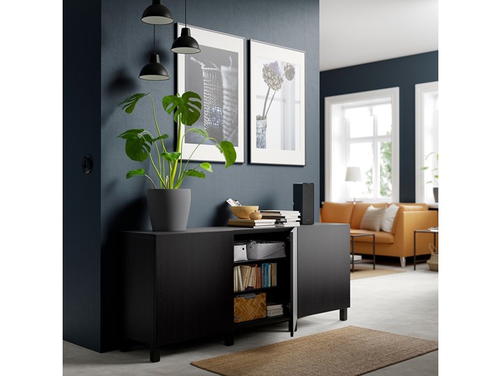 IKEA BESTÅ Kombinacja z drzwiami, Czarnybrąz/Lappviken/Stubbarp czarnybrąz, 180x42x74 cm Płyta meblowa Głębokość 42 cm Szerokość 142 cm Z szafkami i szufladami Płyta MDF Wysokość 96 cm Pomieszczenie Sypialnia