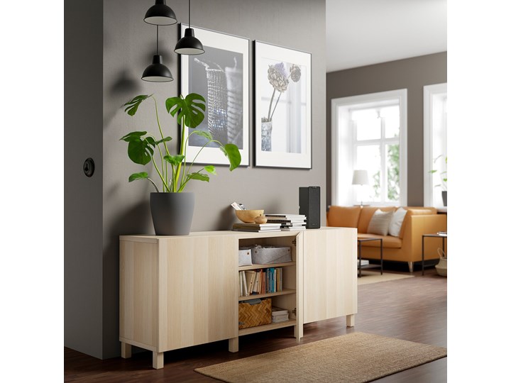 IKEA BESTÅ Kombinacja z drzwiami, Dąb bejcowany na biało/Lappviken/Stubbarp dąb bejcowany na biało, 180x42x74 cm Płyta MDF Wysokość 42 cm Szerokość 180 cm Drewno Z szafkami Głębokość 42 cm Pomieszczenie Salon
