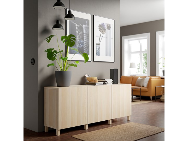 IKEA BESTÅ Kombinacja z drzwiami, Dąb bejcowany na biało/Lappviken/Stubbarp dąb bejcowany na biało, 180x42x74 cm Z szafkami Drewno Głębokość 42 cm Płyta MDF Szerokość 180 cm Wysokość 42 cm Pomieszczenie Pokój nastolatka