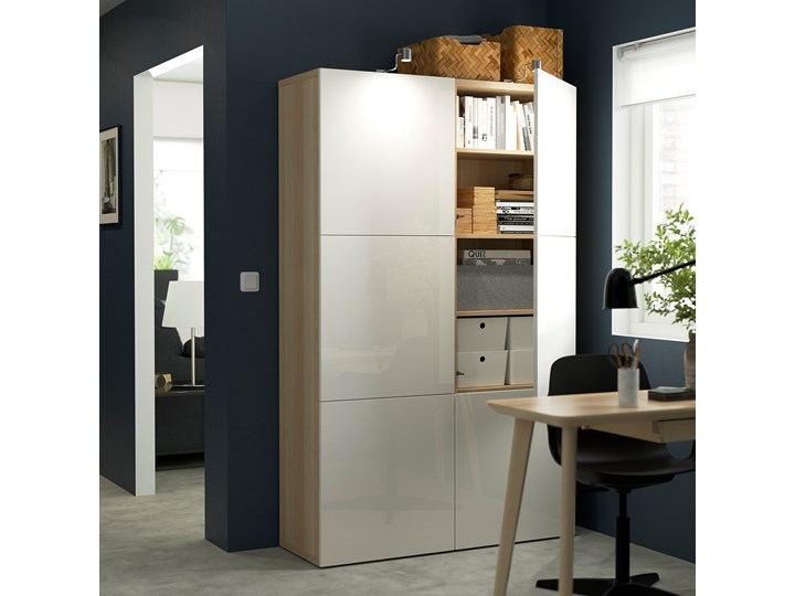 IKEA BESTÅ Kombinacja z drzwiami, Dąb bejcowany na biało/Selsviken połysk/biel, 120x42x193 cm Płyta MDF Płyta meblowa Płyta laminowana Kategoria Szafki i regały Drewno Kolor Beżowy