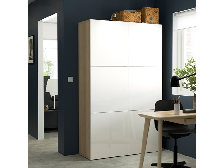 IKEA BESTÅ Kombinacja z drzwiami, Dąb bejcowany na biało/Selsviken połysk/biel, 120x42x193 cm Płyta laminowana Płyta MDF Płyta meblowa Drewno Kategoria Szafki i regały