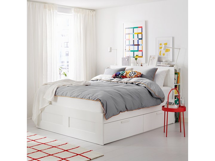 IKEA BRIMNES Rama łóżka z pojemnikiem, zagłówek, biały, 140x200 cm Drewno Kategoria Łóżka do sypialni Łóżko drewniane Zagłówek Z zagłówkiem