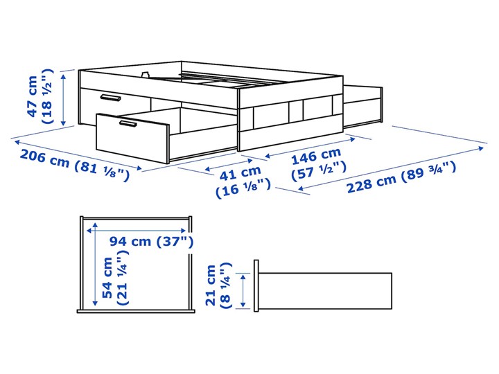 IKEA BRIMNES Rama łóżka z szufladami, biały, 140x200 cm Tkanina Kategoria Łóżka do sypialni Łóżko drewniane Pojemnik na pościel Z pojemnikiem