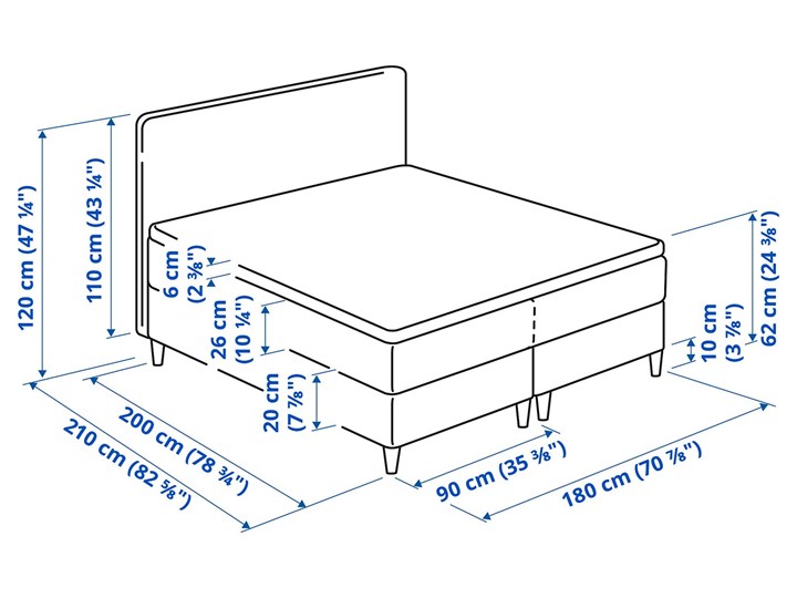 IKEA DUNVIK Łóżko kontynentalne, Vatneström twardy/średnio twardy/Tistedal ciemnoszary, 180x200 cm Łóżko tapicerowane Styl Klasyczny