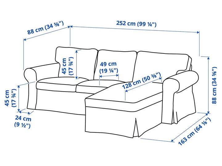 IKEA EKTORP Sofa 3-osobowa z szezlongiem, Totebo jasnobeżowy, Szerokość: 252 cm Rozkładanie Prawostronne Nóżki Bez nóżek