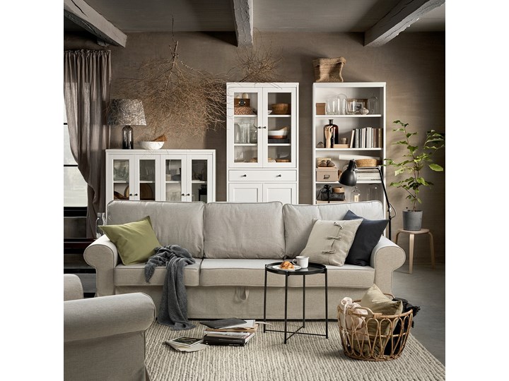 IKEA EVERTSBERG Rozkładana sofa 3-osobowa, z pojemnikiem beżowy, Wysokość łóżka: 45 cm Powierzchnia spania 145x200 cm Amerykanka Boki Z bokami