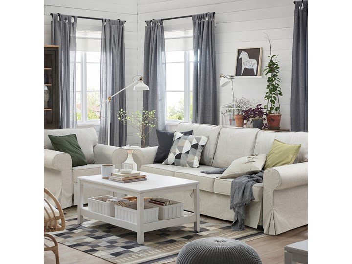 IKEA EVERTSBERG Rozkładana sofa 3-osobowa, z pojemnikiem beżowy, Wysokość łóżka: 45 cm Wielkość Trzyosobowa Amerykanka Nóżki Bez nóżek