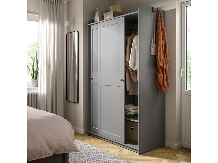 IKEA HAUGA Szafa z drzwiami przesuwanymi, Szary, 118x55x199 cm Typ Gotowa Płyta MDF Pomieszczenie Przedpokój