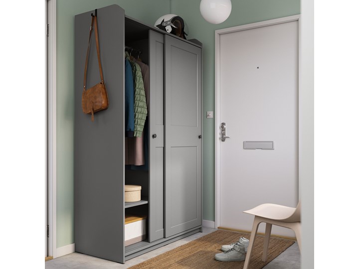 IKEA HAUGA Szafa z drzwiami przesuwanymi, Szary, 118x55x199 cm Płyta MDF Rodzaj drzwi Przesuwne