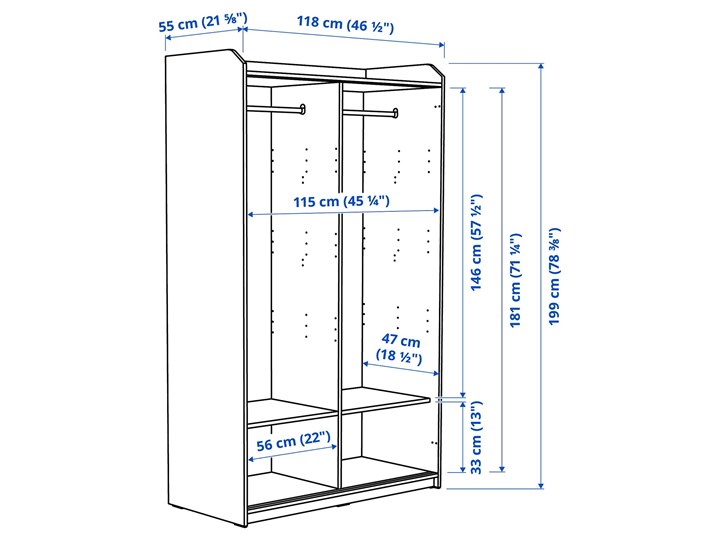 IKEA HAUGA Szafa z drzwiami przesuwanymi, Szary, 118x55x199 cm Płyta MDF Lustro