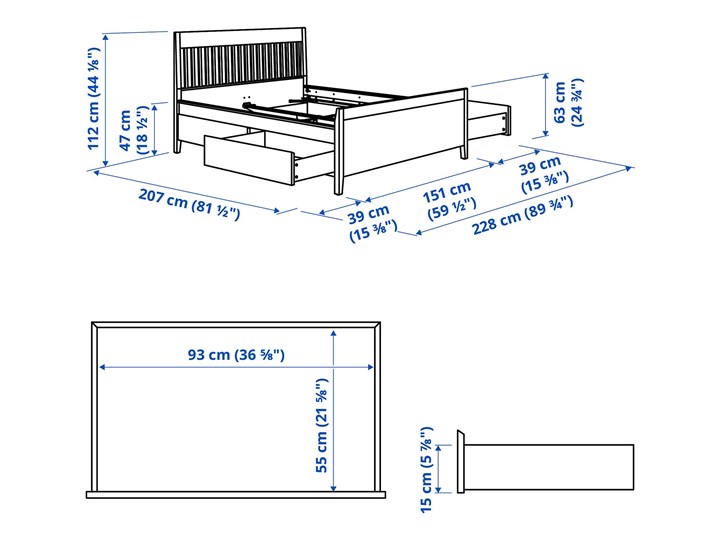 IKEA IDANÄS Rama łóżka z szufladami, Biały, 140x200 cm Kategoria Łóżka do sypialni Łóżko drewniane Pojemnik na pościel Z pojemnikiem