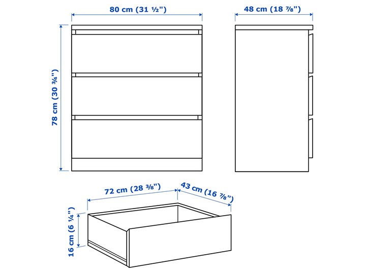 IKEA MALM Komoda, 3 szuflady, Biały, 80x78 cm Płyta MDF Szerokość 80 cm Pomieszczenie Sypialnia