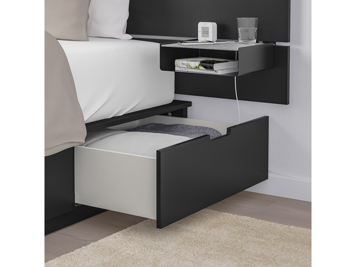 IKEA NORDLI Rama łóżka z pojemnikiem, zagłówek, antracyt, 90x200 cm Tkanina Pojedyncze Kategoria Łóżka dla dzieci Neutralne Kolor Czarny