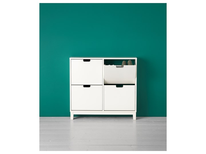IKEA STÄLL Szafka na buty, 4 przegrody, biały, 96x17x90 cm Płyta laminowana Głębokość 17 cm Płyta MDF Tworzywo sztuczne Płyta meblowa Kategoria Szafki i regały Szerokość 96 cm Typ Stojące