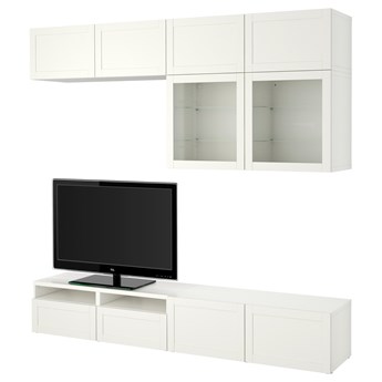 IKEA BESTÅ Kombinacja na TV/szklane drzwi, Biały/Hanviken białe szkło przezroczyste, 240x42x231 cm