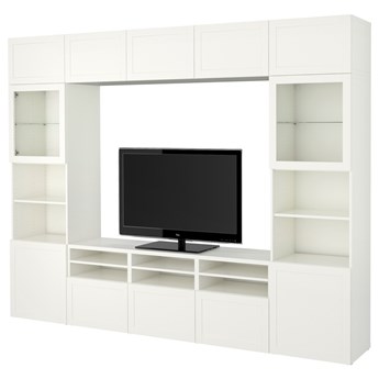 IKEA BESTÅ Kombinacja na TV/szklane drzwi, Biały/Hanviken białe szkło przezroczyste, 300x42x231 cm