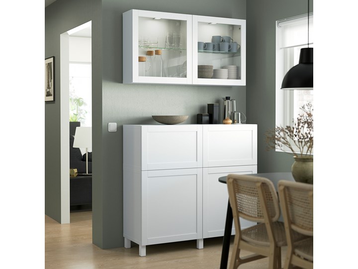 IKEA BESTÅ Kombinacja regałowa z drzw/szuf, Biały/Hanviken/Stubbarp białe szkło przezroczyste, 120x42x213 cm Kolor Przezroczysty Kategoria Zestawy mebli do sypialni