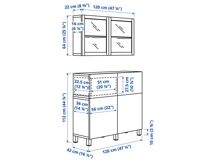 IKEA BESTÅ Kombinacja regałowa z drzw/szuf, Biały/Lappviken/Stubbarp białe szkło przezroczyste, 120x42x213 cm Kolor Przezroczysty Kategoria Zestawy mebli do sypialni