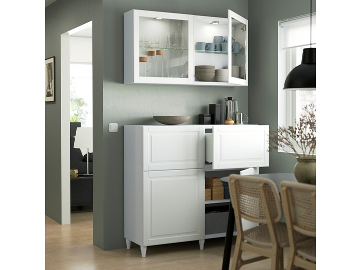 IKEA BESTÅ Kombinacja regałowa z drzw/szuf, Biały Smeviken/Ostvik/Kabbarp białe szkło przezroczyste, 120x42x213 cm Kolor Przezroczysty Kategoria Zestawy mebli do sypialni