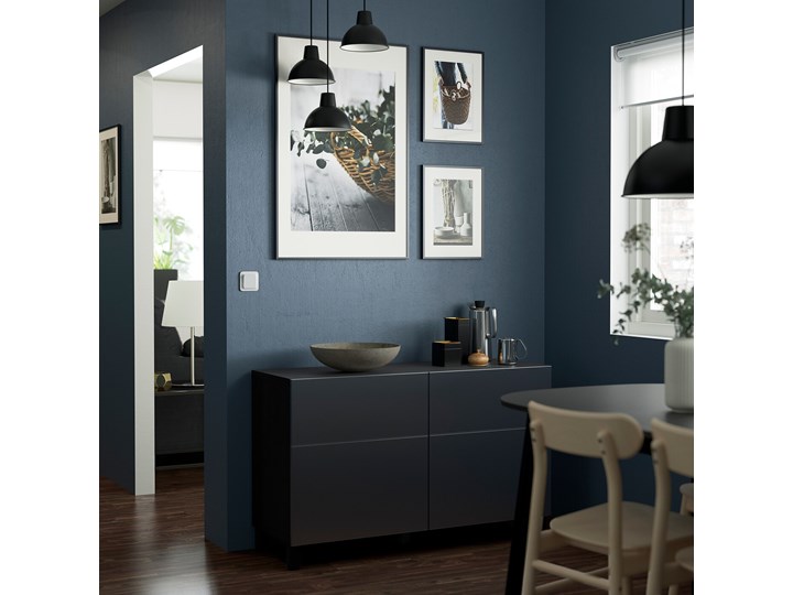 IKEA BESTÅ Kombinacja regałowa z drzw/szuf, Czarnybrąz/Riksviken/Stubbarp efekt szczotkowanej ciemnej cyny, 120x42x74 cm Głębokość 42 cm Kategoria Komody Płyta MDF Szerokość 120 cm Kolor Szary
