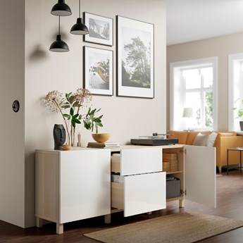 IKEA BESTÅ Kombinacja z szufladami, Dąb bejcowany na biało/Selsviken/Stubbarp połysk/biel, 180x42x74 cm