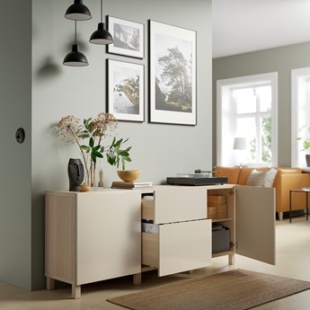 IKEA BESTÅ Kombinacja z szufladami, Imitacja dębu bejcowanego na biało/Selsviken/Stubbarp wysoki połysk beż, 180x42x74 cm