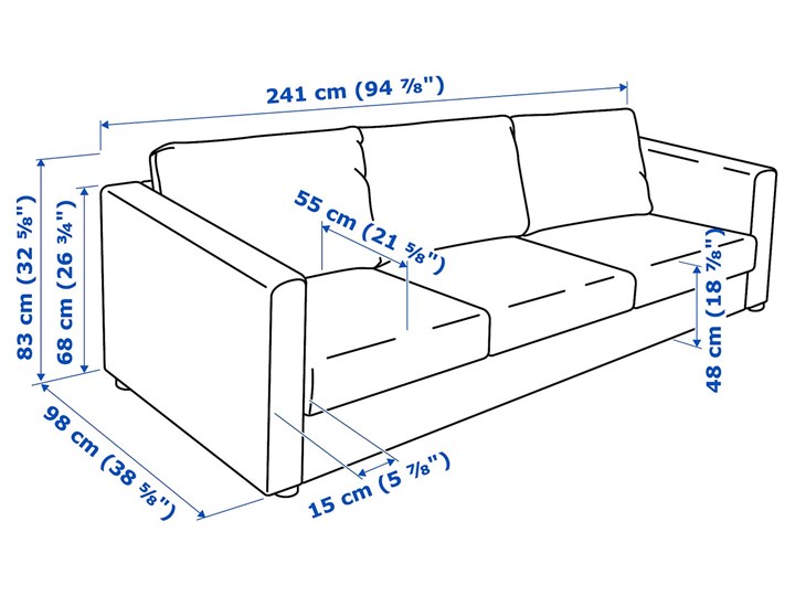 IKEA VIMLE Sofa 3-osobowa, Saxemara czarnoniebieski, Wysokość z poduchami oparcia: 83 cm Kolor Czarny Wielkość Trzyosobowa
