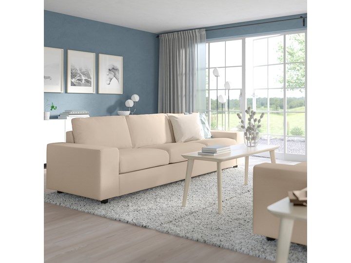 IKEA VIMLE Sofa 3-osobowa, z szerokimi podłokietnikami/Hallarp beżowy, Wysokość z poduchami oparcia: 83 cm Stała konstrukcja Kategoria Sofy i kanapy Szerokość 255 cm Głębokość 98 cm Wielkość Trzyosobowa
