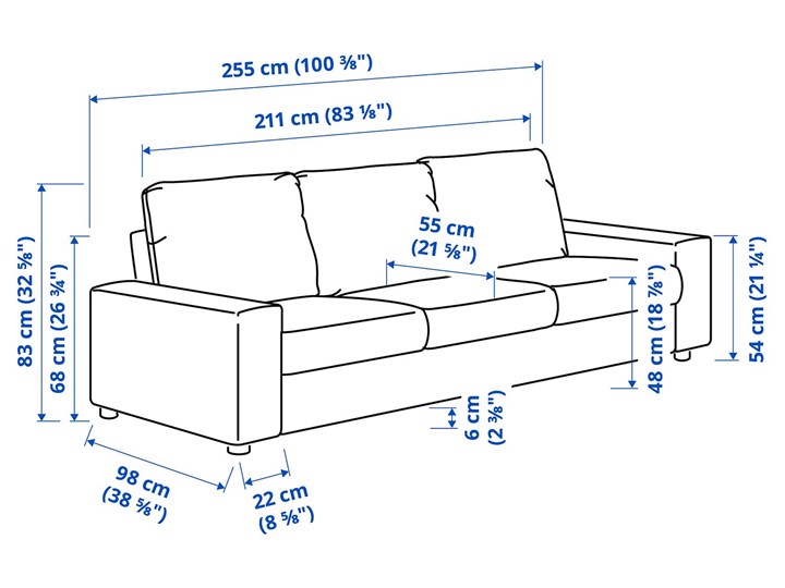 IKEA VIMLE Sofa 3-osobowa, z szerokimi podłokietnikami/Hallarp beżowy, Wysokość z poduchami oparcia: 83 cm Szerokość 255 cm Stała konstrukcja Głębokość 98 cm Powierzchnia spania