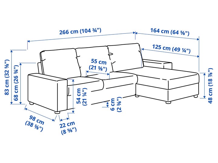 IKEA VIMLE Sofa 3-osobowa z szezlongiem, z szerokimi podłokietnikami/Hallarp beżowy, Wysokość z poduchami oparcia: 83 cm Prawostronne Szerokość 266 cm Materiał obicia Tkanina