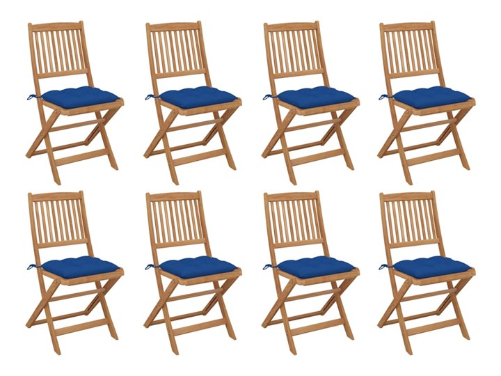 vidaXL Składane krzesła ogrodowe z poduszkami, 8 szt., drewno akacjowe Kolor Granatowy Tworzywo sztuczne Krzesło składane Kolor Brązowy