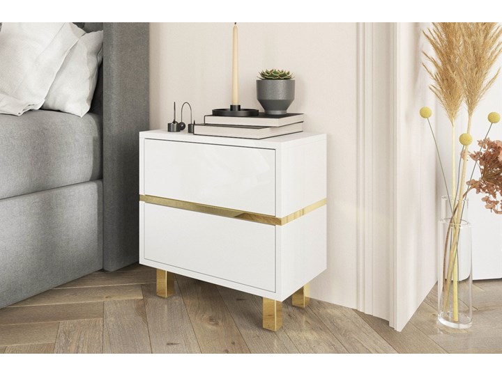 Elegancka biała szafka nocna Dancan MAGICA ze złotymi dodatkami Płyta laminowana Płyta MDF Metal Styl Minimalistyczny