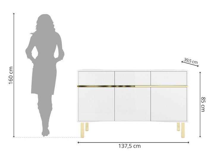 Elegancka biała komoda Dancan MAGICA ze złotymi dodatkami Wysokość 85 cm Styl Minimalistyczny