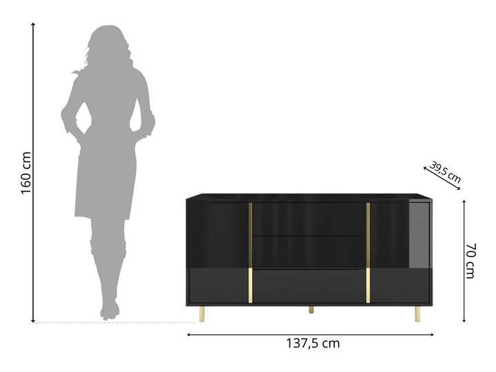 Elegancka czarna komoda Dancan CAROLINE ze złotymi dodatkami Wysokość 70 cm Pomieszczenie Salon Szerokość 138 cm Płyta MDF Głębokość 40 cm Pomieszczenie Sypialnia