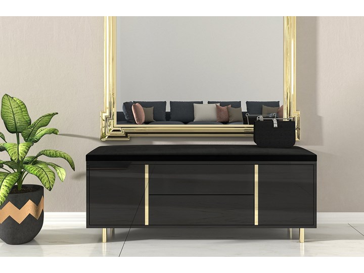 Elegancka czarna szafka na buty Dancan CAROLINE z tapicerowanym siedziskiem, na złotych nóżkach Płyta laminowana Płyta meblowa Płyta MDF Metal Ilość szuflad 2-szuflady