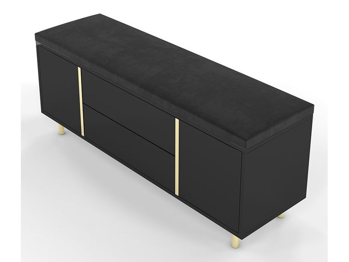 Elegancka czarna szafka na buty Dancan CAROLINE z tapicerowanym siedziskiem, na złotych nóżkach Płyta meblowa Metal Płyta MDF Płyta laminowana Styl Minimalistyczny