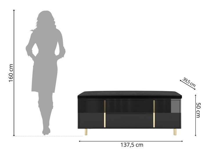Elegancka czarna szafka na buty Dancan CAROLINE z tapicerowanym siedziskiem, na złotych nóżkach Metal Płyta laminowana Płyta MDF Płyta meblowa Pomieszczenie Przedpokój