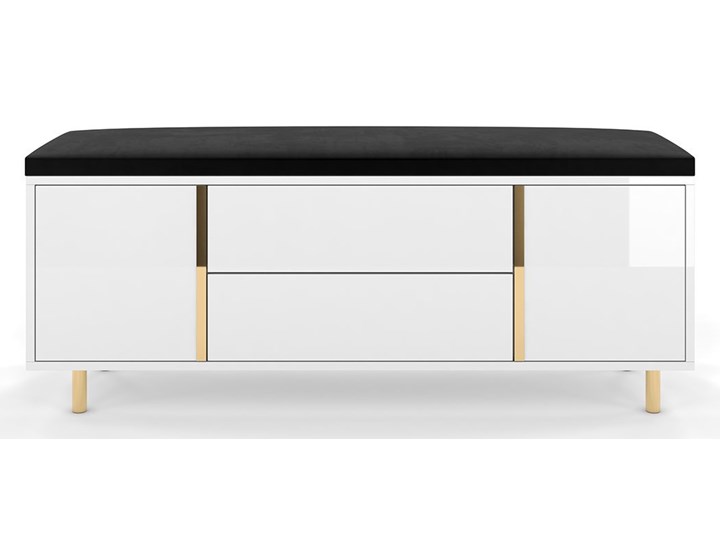 Elegancka czarna szafka na buty Dancan CAROLINE z tapicerowanym siedziskiem, na złotych nóżkach Płyta laminowana Płyta MDF Metal Kolor Czarny Płyta meblowa Styl Minimalistyczny