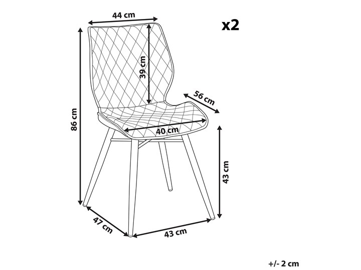 Zestaw 2 krzeseł niebieskich tapicerowanych z metalowymi czarnymi nogami do jadalni styl nowoczesny industrialny Wysokość 86 cm Tapicerowane Tworzywo sztuczne Głębokość 56 cm Szerokość 44 cm Tkanina Drewno Pikowane Pomieszczenie Jadalnia