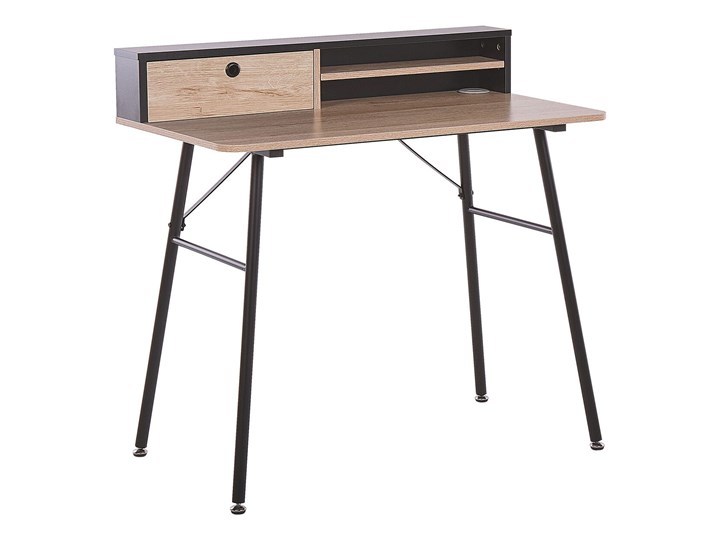 Biurko jasne drewno z czarnym metalowa rama 90 x 50 cm biurko komputerowe z połką i przegródką Szerokość 90 cm Płyta MDF Styl Nowoczesny
