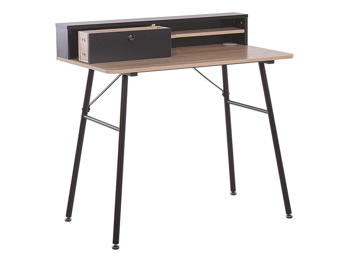 Biurko jasne drewno z czarnym metalowa rama 90 x 50 cm biurko komputerowe z połką i przegródką Płyta MDF Szerokość 90 cm Styl Nowoczesny
