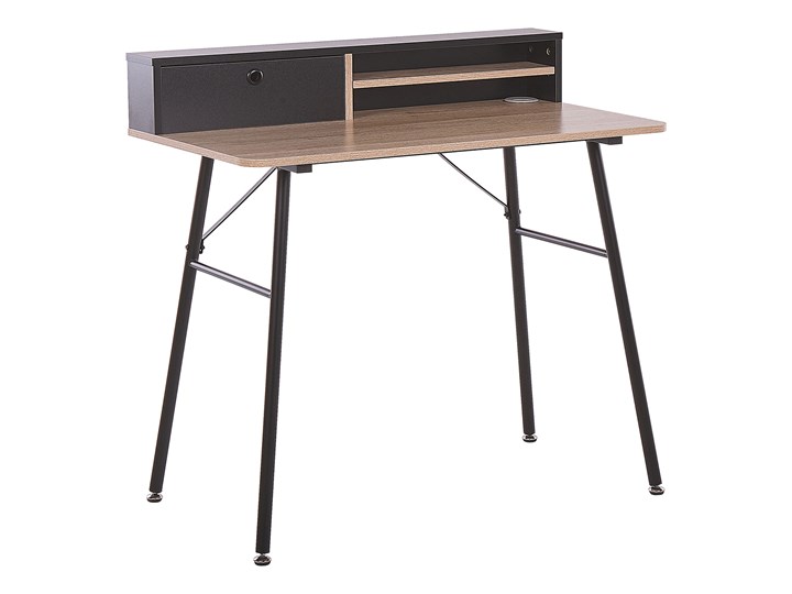 Biurko jasne drewno z czarnym metalowa rama 90 x 50 cm biurko komputerowe z połką i przegródką Szerokość 90 cm Płyta MDF Styl Nowoczesny