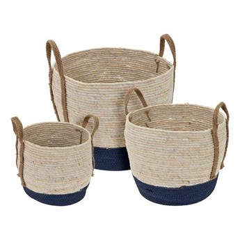 CEDDY zestaw 3 koszy plecionych beżowo-granatowych z trawy morskiej, wys. 23 cm, 28 cm, 33 cm