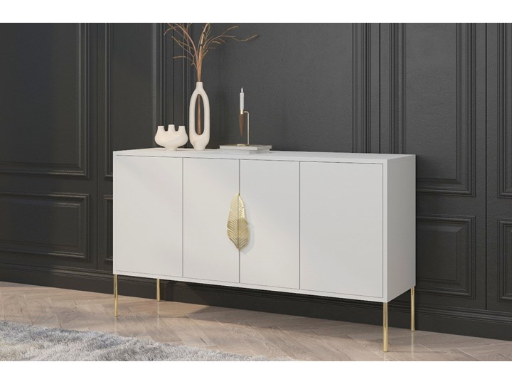 Biała komoda Skandica MERLIN ze złotymi dodatkami Głębokość 40 cm Szerokość 138 cm Wysokość 79 cm Płyta MDF Kolor Biały